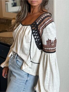 Free People Snow Kisses Embroidered Blouse Top